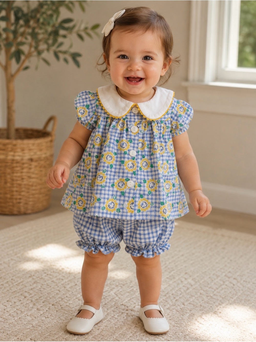 Buster Brown Yellow Floral & Blue Gingham Baby Outfit